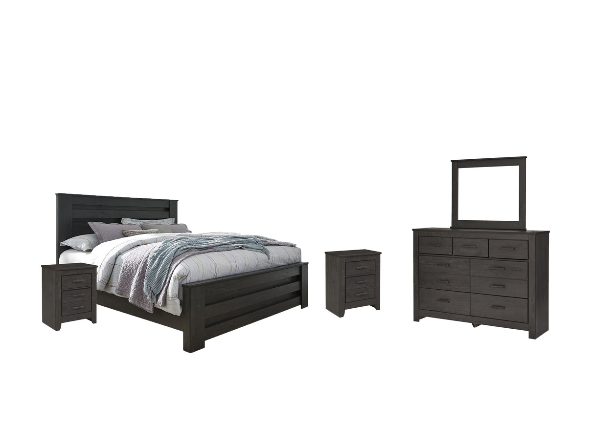 Brinxton King Panel Bed with Mirrored Dresser and 2 Nightstands in Charcoal from Ashley - Luna Furniture