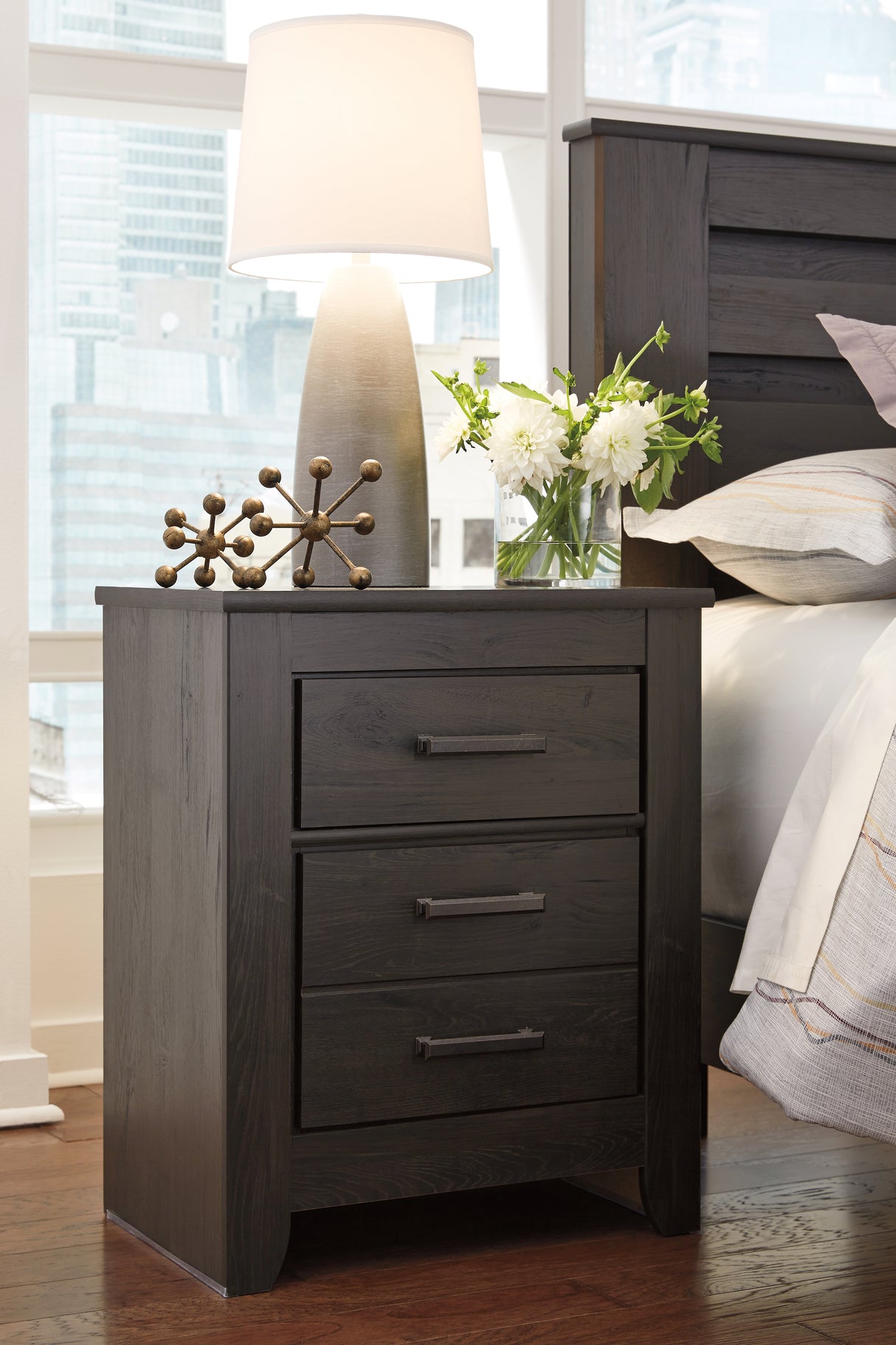 Brinxton King Panel Bed with Mirrored Dresser and 2 Nightstands in Charcoal from Ashley - Luna Furniture