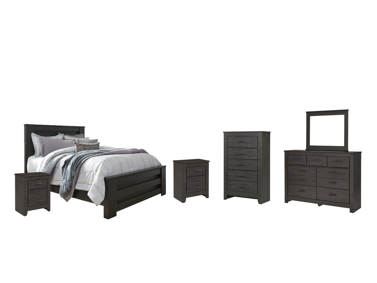 Brinxton Queen Panel Bed with Mirrored Dresser, Chest and 2 Nightstands in Charcoal from Ashley - Luna Furniture