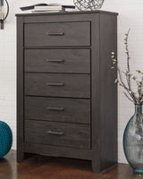 Brinxton Queen Panel Bed with Mirrored Dresser, Chest and 2 Nightstands in Charcoal from Ashley - Luna Furniture