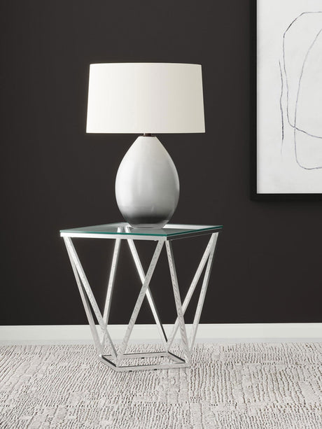 Brittania Square Geometric End Table with Clear Tempered Glass Top Nickel from Coaster - Luna Furniture