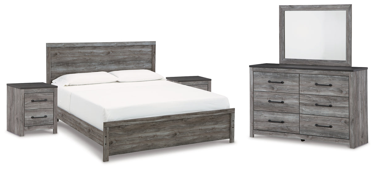 Bronyan King Panel Bed with Mirrored Dresser and 2 Nightstands in Dark Gray - PKG014948