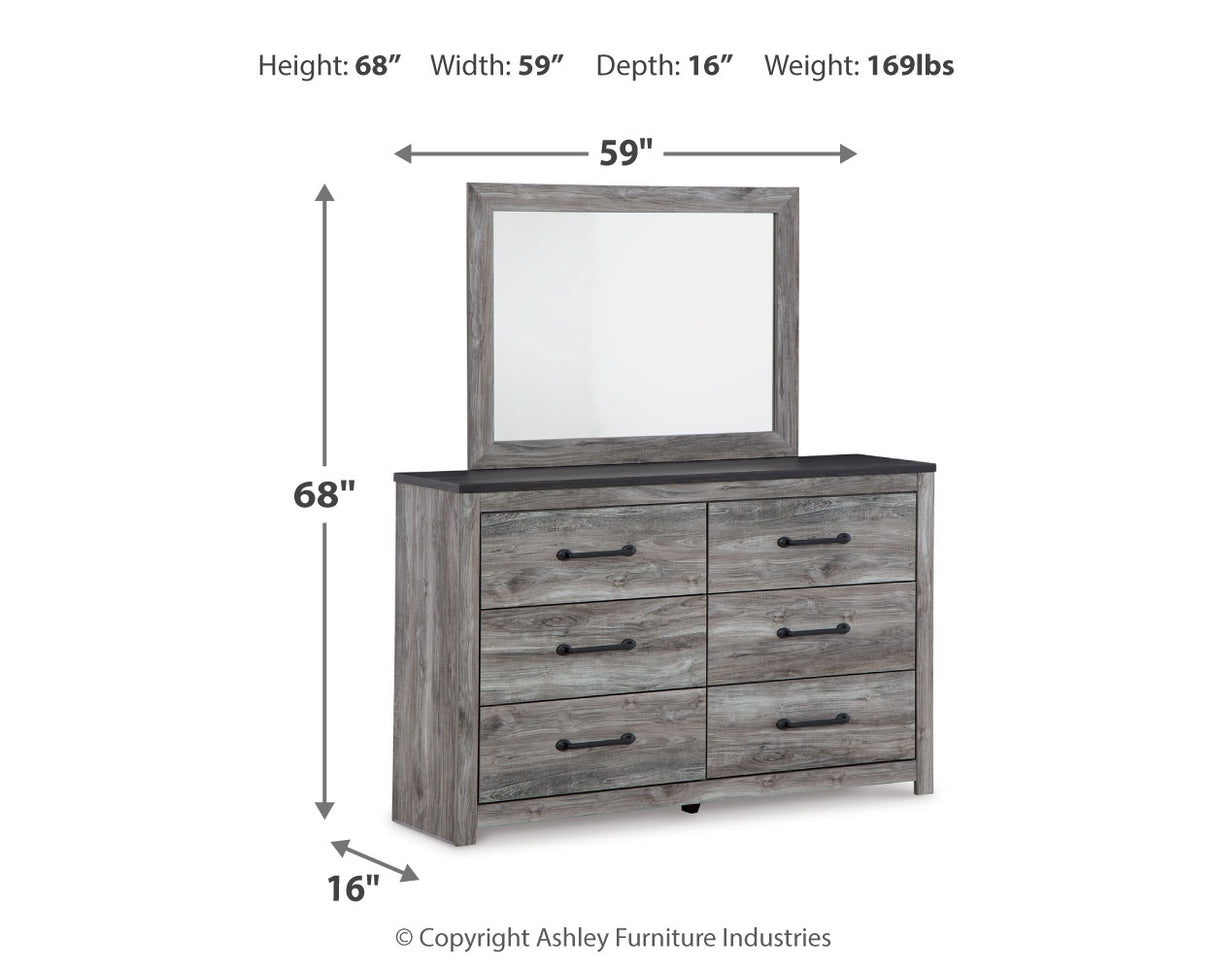 Bronyan King Panel Bed with Mirrored Dresser and 2 Nightstands in Dark Gray - PKG014948