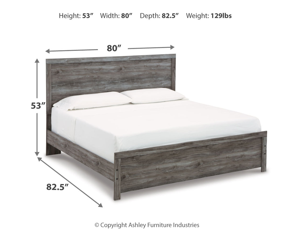 Bronyan King Panel Bed with Mirrored Dresser and 2 Nightstands in Dark Gray - PKG014948