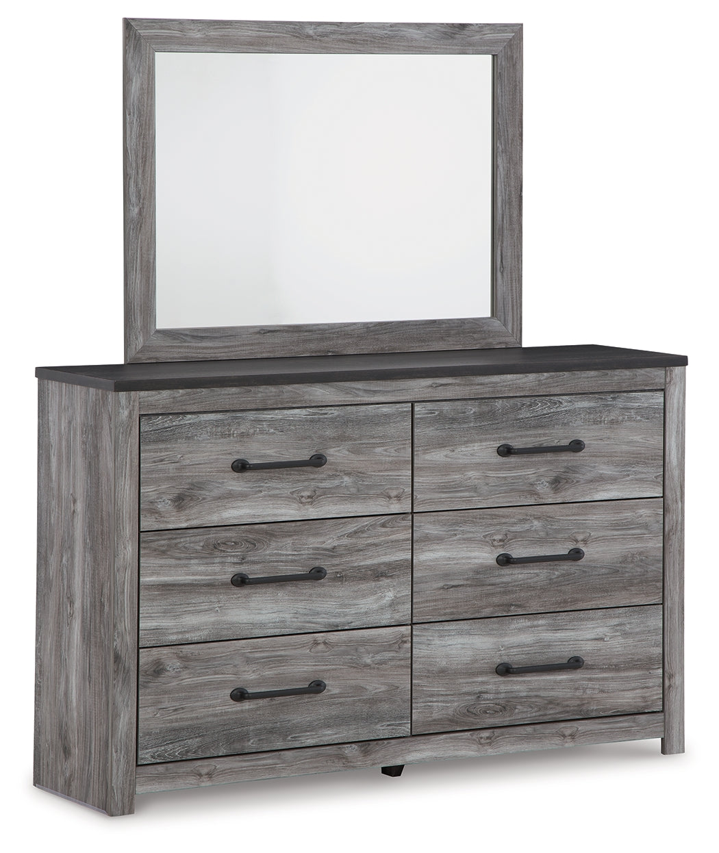 Bronyan King Panel Bed with Mirrored Dresser and 2 Nightstands in Dark Gray - PKG014948