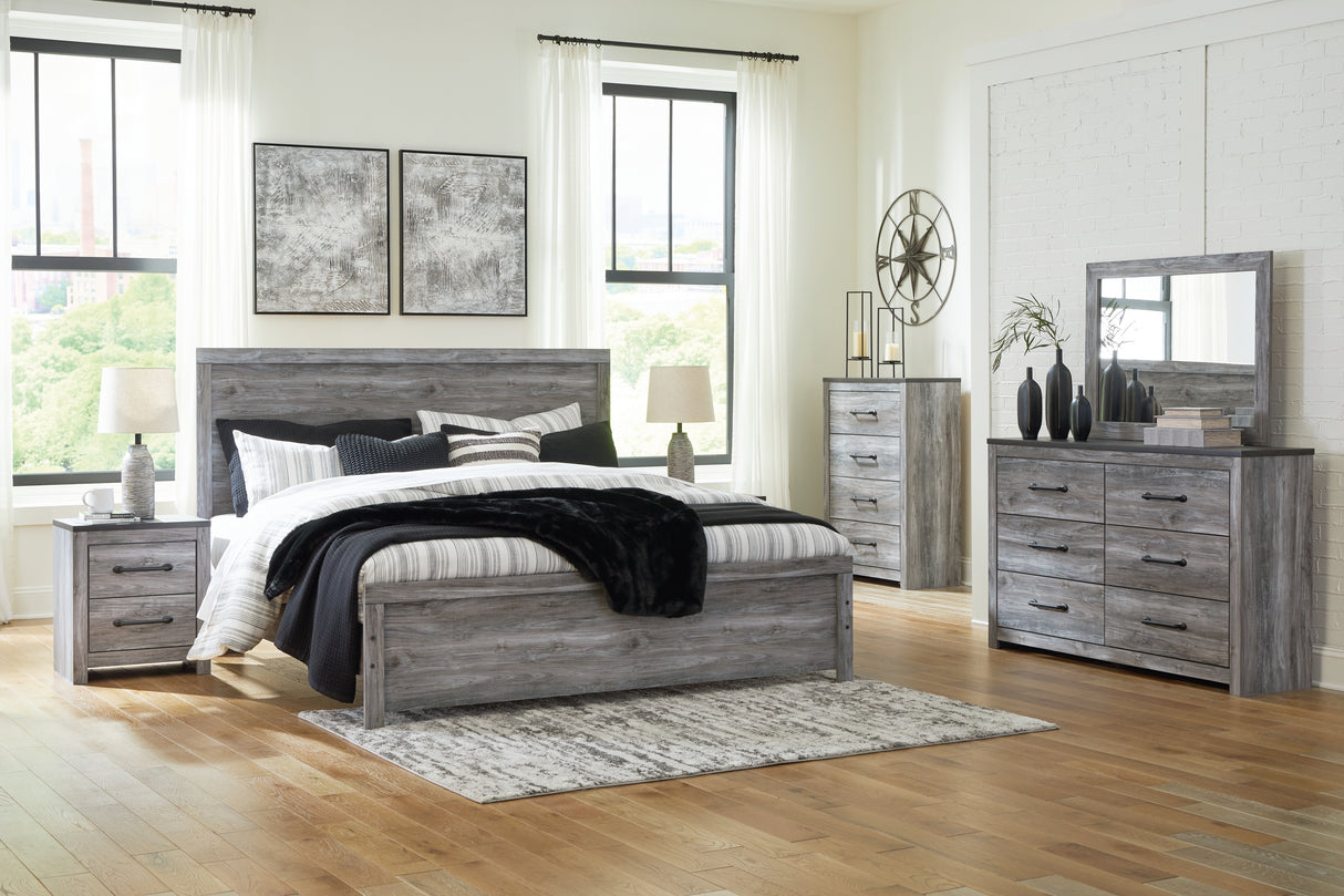 Bronyan King Panel Bed with Mirrored Dresser and Nightstand in Dark Gray - PKG020107