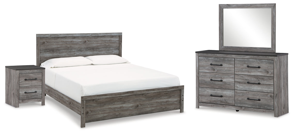 Bronyan King Panel Bed with Mirrored Dresser and Nightstand in Dark Gray - PKG020107