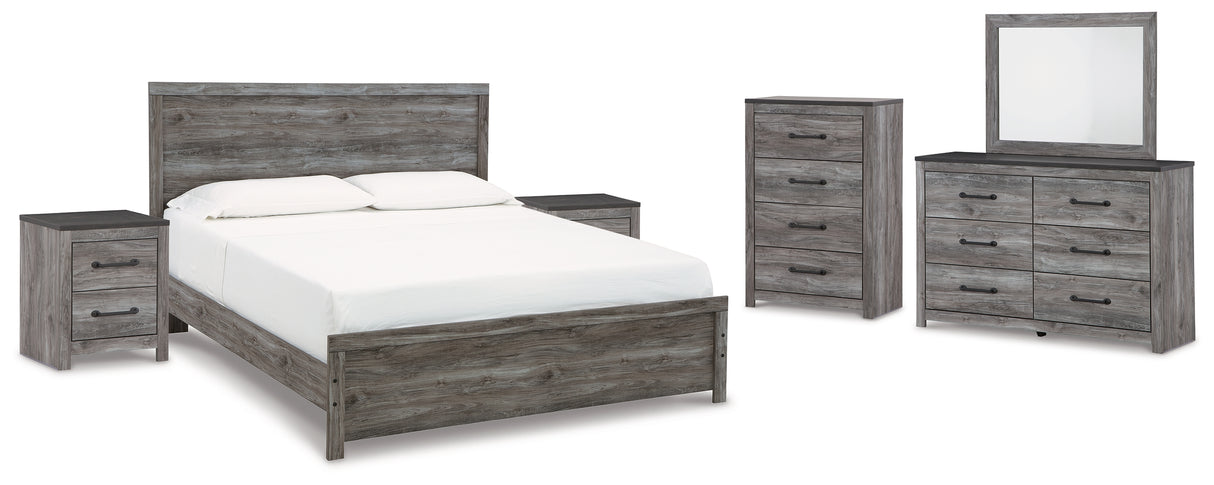 Bronyan King Panel Bed with Mirrored Dresser, Chest and 2 Nightstands in Dark Gray - PKG014951