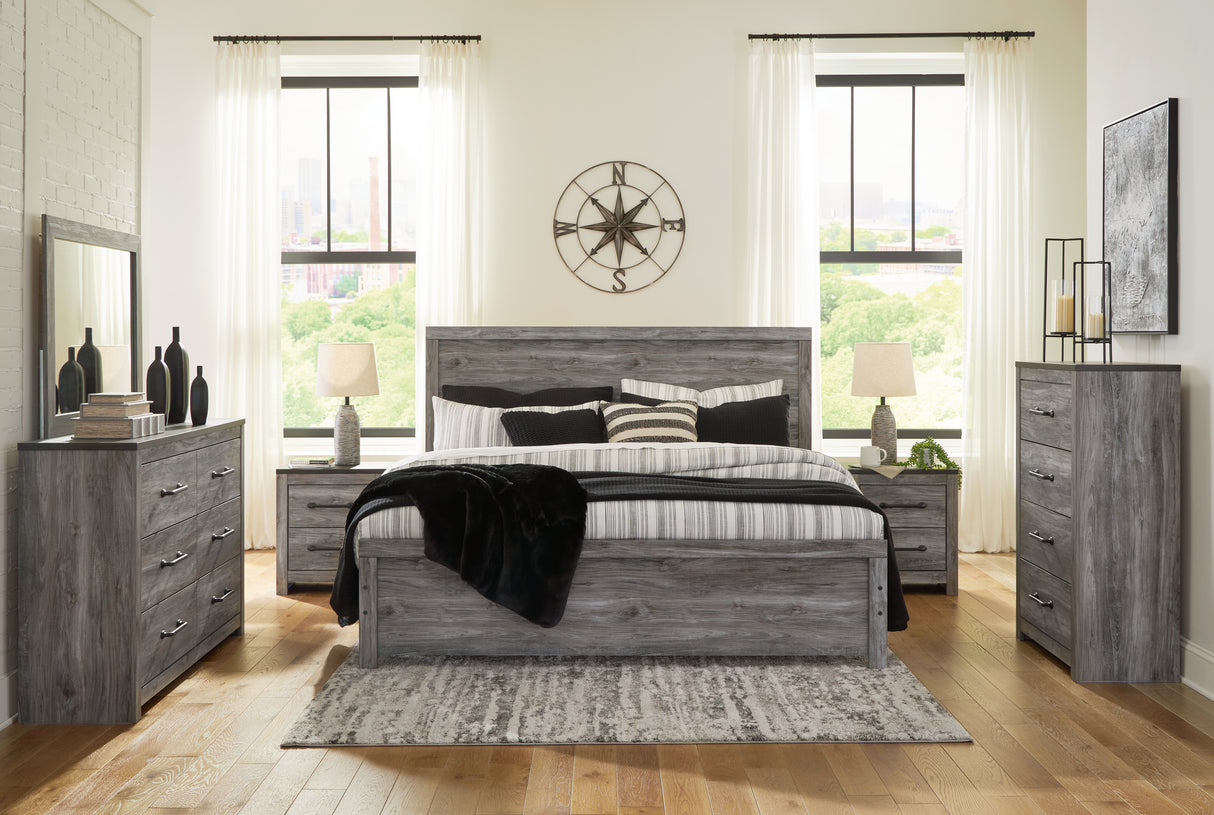 Bronyan King Panel Bed with Mirrored Dresser, Chest and 2 Nightstands in Dark Gray - PKG014951