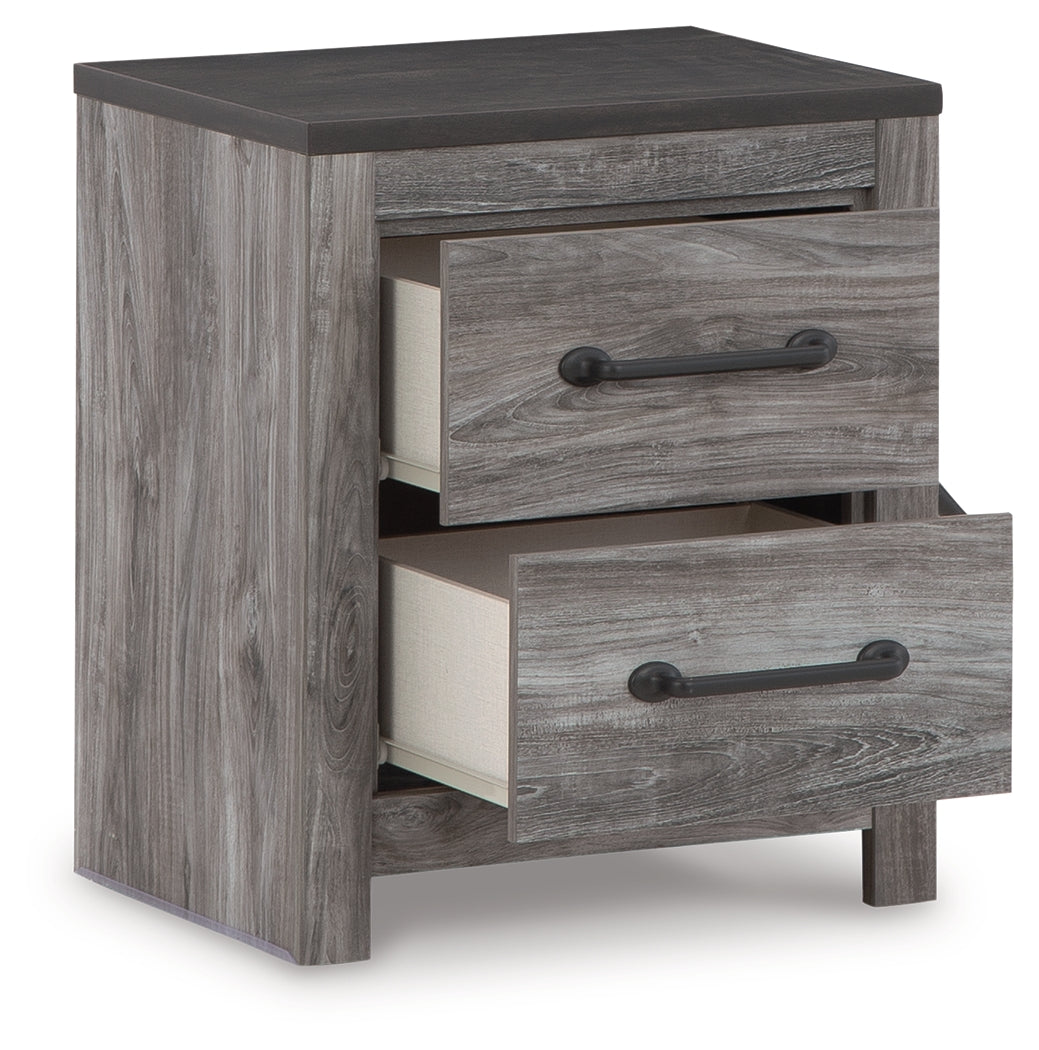 Bronyan King Panel Bed with Mirrored Dresser, Chest and Nightstand in Dark Gray - PKG014950