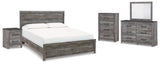 Bronyan King Panel Bed with Mirrored Dresser, Chest and Nightstand in Dark Gray - PKG014950