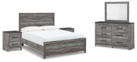 Bronyan Queen Panel Bed with Mirrored Dresser and 2 Nightstands in Dark Gray - PKG014942