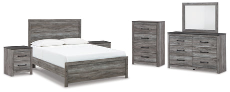 Bronyan Queen Panel Bed with Mirrored Dresser and 2 Nightstands in Dark Gray - PKG014945