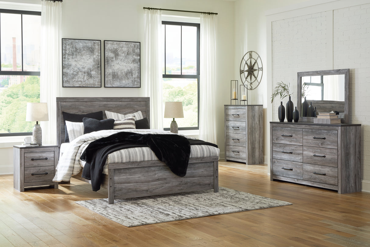 Bronyan Queen Panel Bed with Mirrored Dresser and 2 Nightstands in Dark Gray - PKG014945