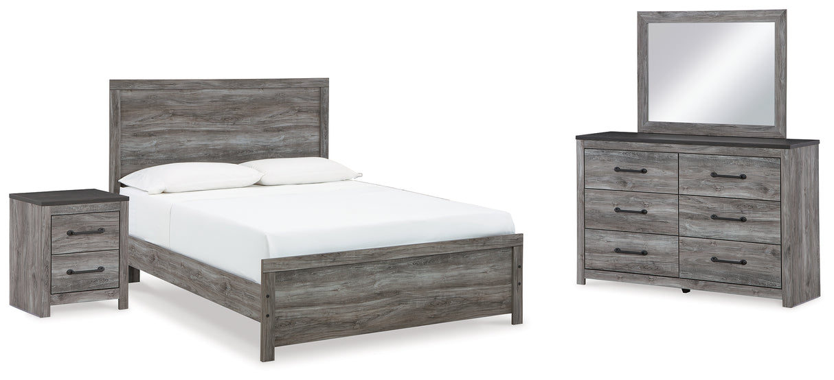 Bronyan Queen Panel Bed with Mirrored Dresser and Nightstand in Dark Gray - PKG020105