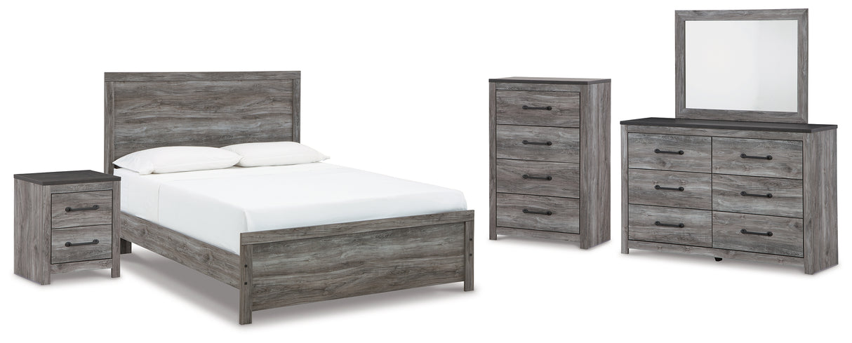 Bronyan Queen Panel Bed with Mirrored Dresser, Chest and Nightstand in Dark Gray - PKG014944