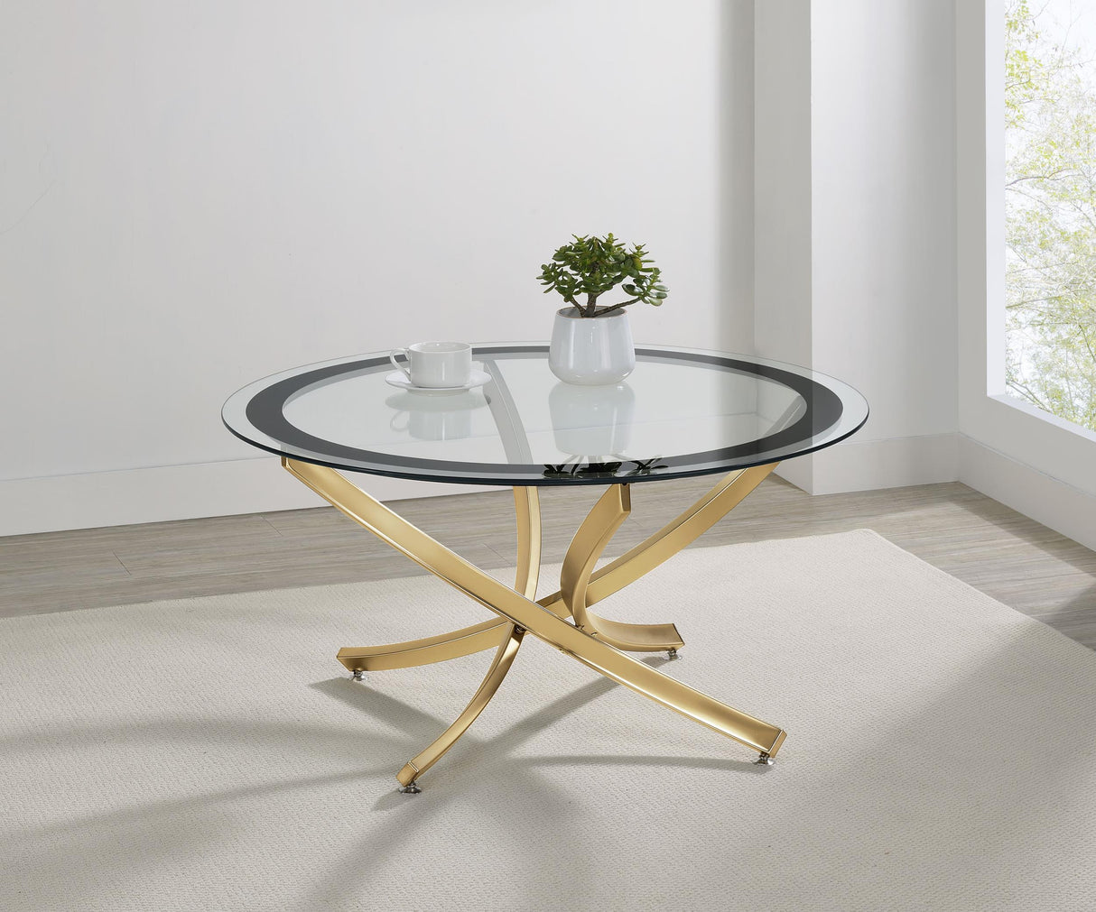 Brooke Round Glass Top Coffee Table Metal Base Brass from Coaster - Luna Furniture