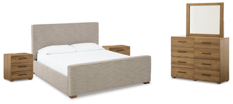 Brown Dakmore California King Upholstered Bed with Mirrored Dresser and 2 Nightstands - PKG014663