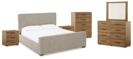 Brown Dakmore California King Upholstered Bed with Mirrored Dresser, Chest and 2 Nightstands - PKG014666