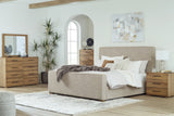 Brown Dakmore California King Upholstered Bed with Mirrored Dresser, Chest and 2 Nightstands - PKG014666