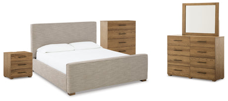 Brown Dakmore King Upholstered Bed with Mirrored Dresser, Chest and Nightstand - PKG014659