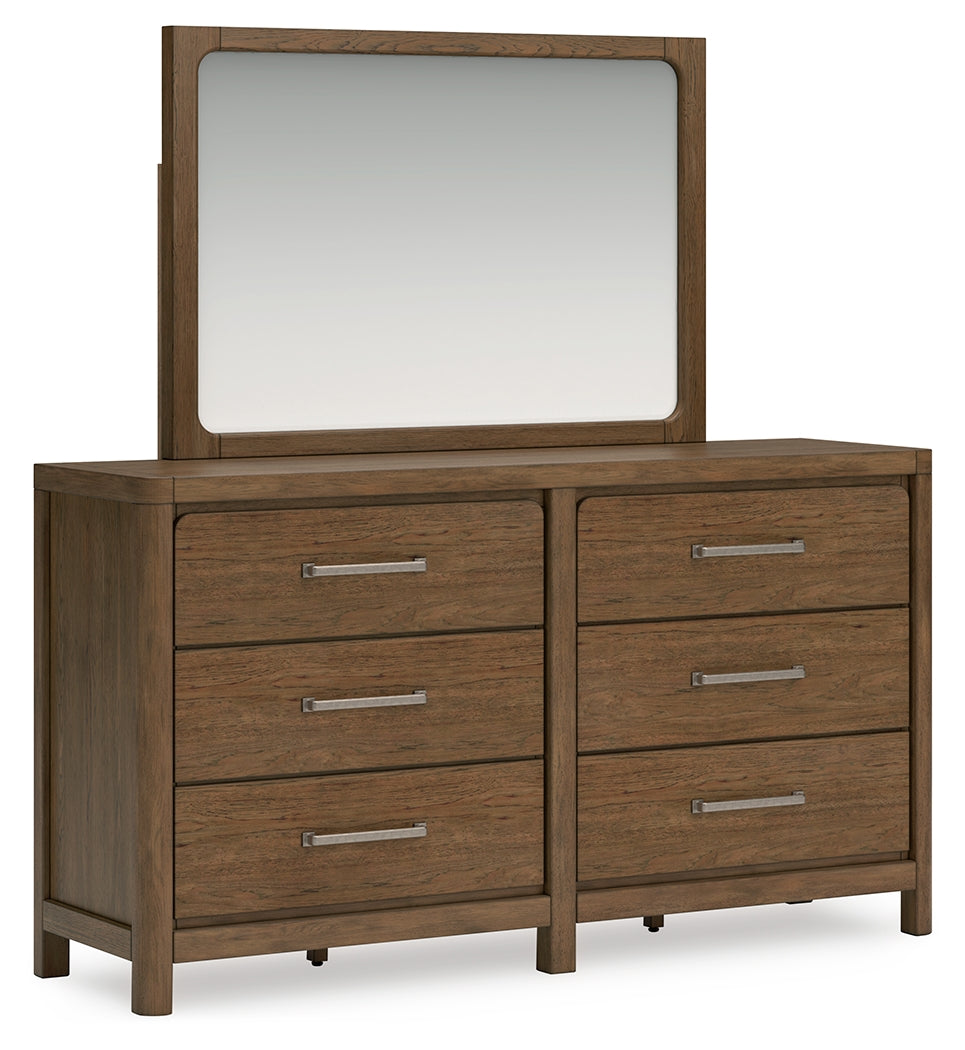 Cabalynn California King Panel Bed with Storage with Mirrored Dresser and 2 Nightstands in Light Brown - PKG015747