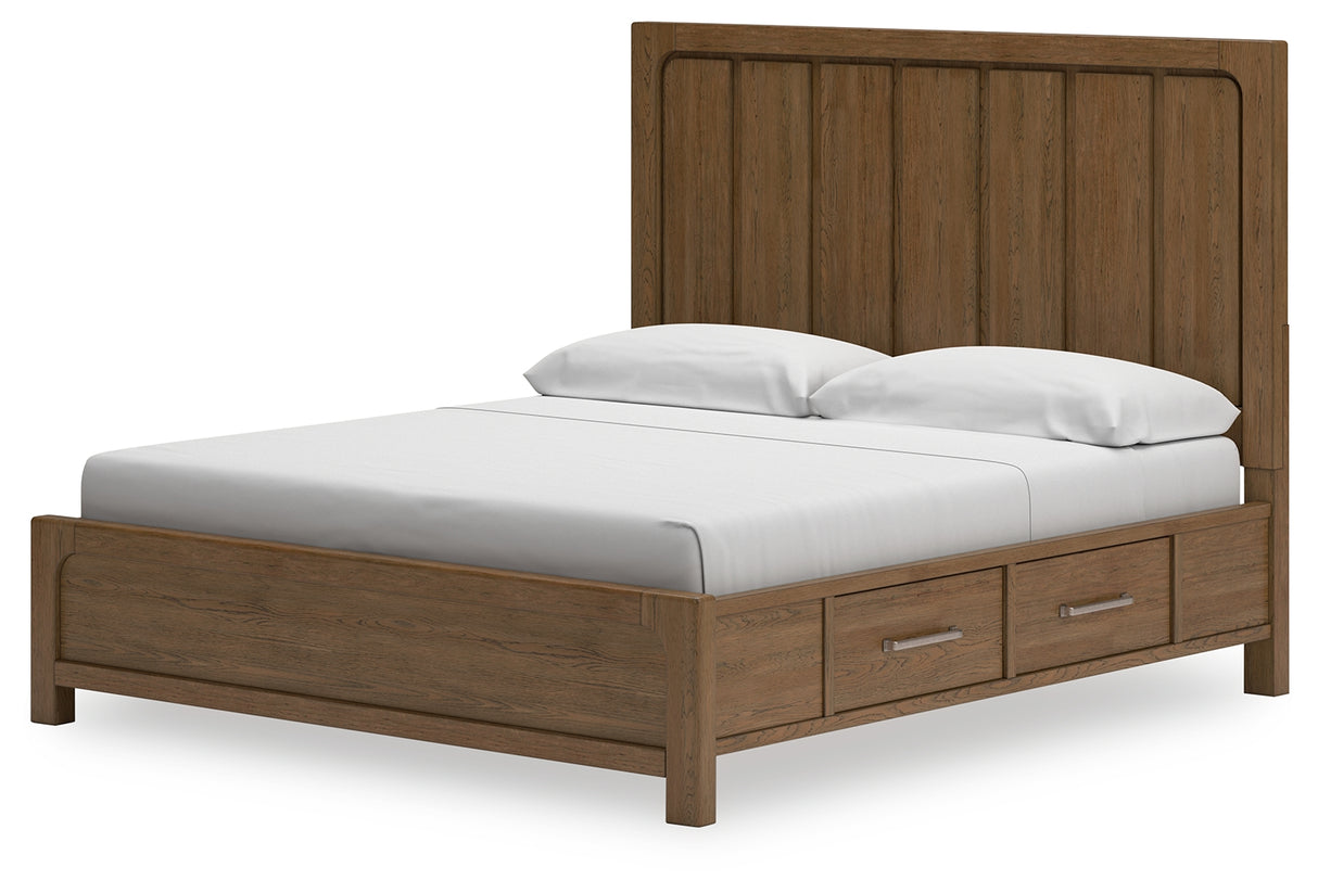 Cabalynn California King Panel Bed with Storage with Mirrored Dresser and 2 Nightstands in Light Brown - PKG015747