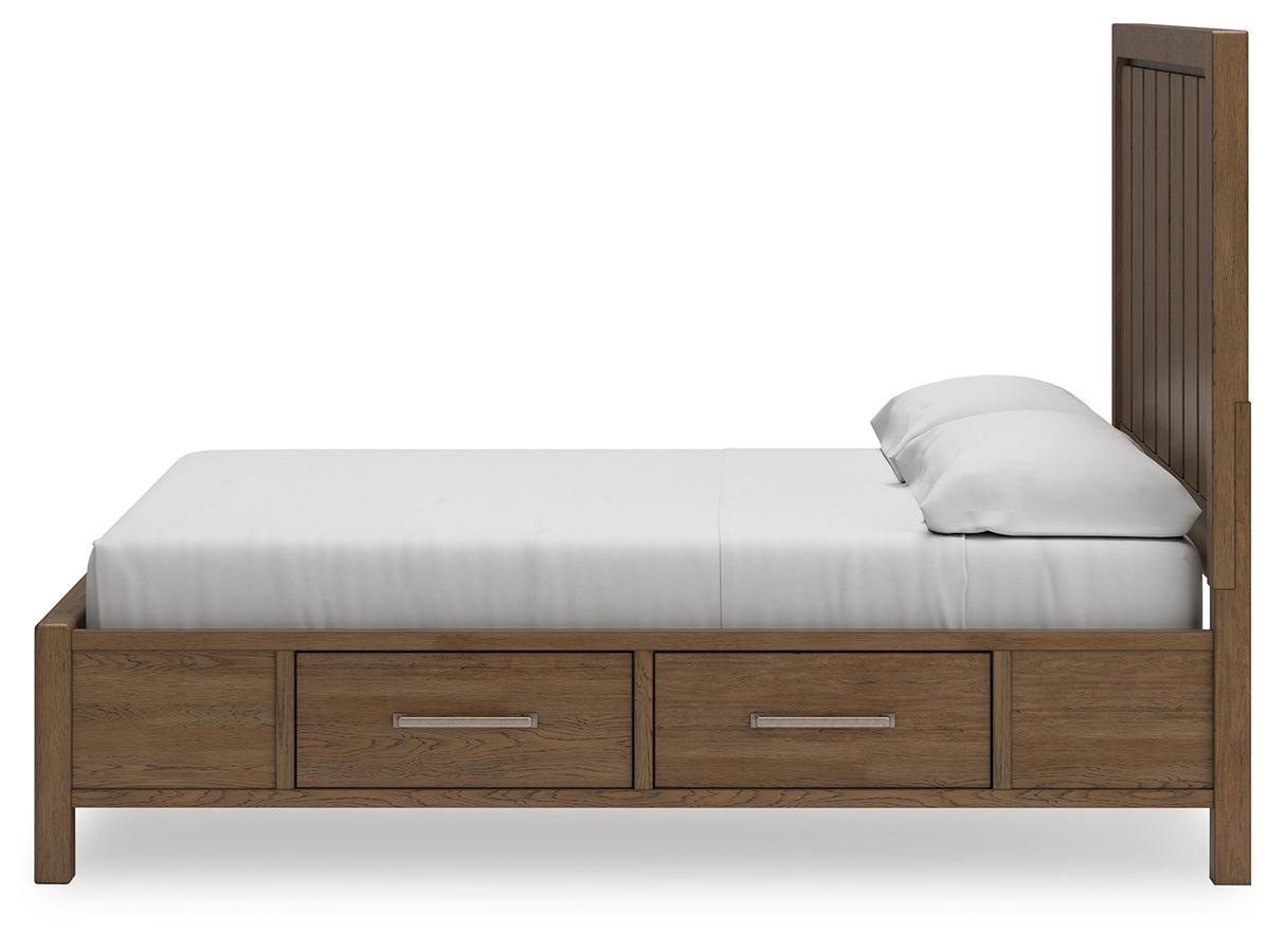 Cabalynn California King Panel Bed with Storage with Mirrored Dresser and 2 Nightstands in Light Brown - PKG015747