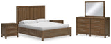 Cabalynn California King Panel Bed with Storage with Mirrored Dresser and 2 Nightstands in Light Brown - PKG015747