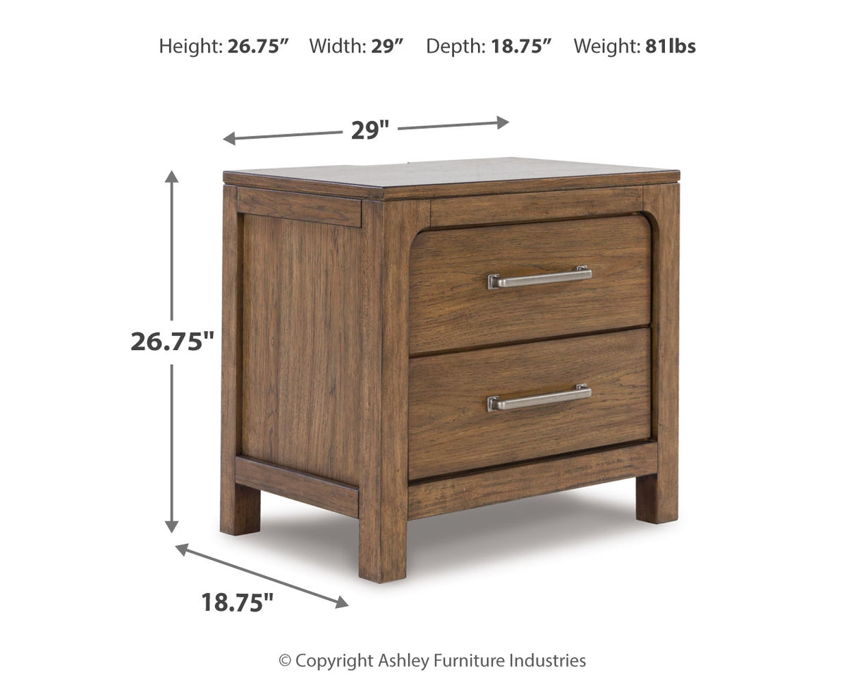 Cabalynn California King Panel Bed with Storage with Mirrored Dresser and 2 Nightstands in Light Brown - PKG015747