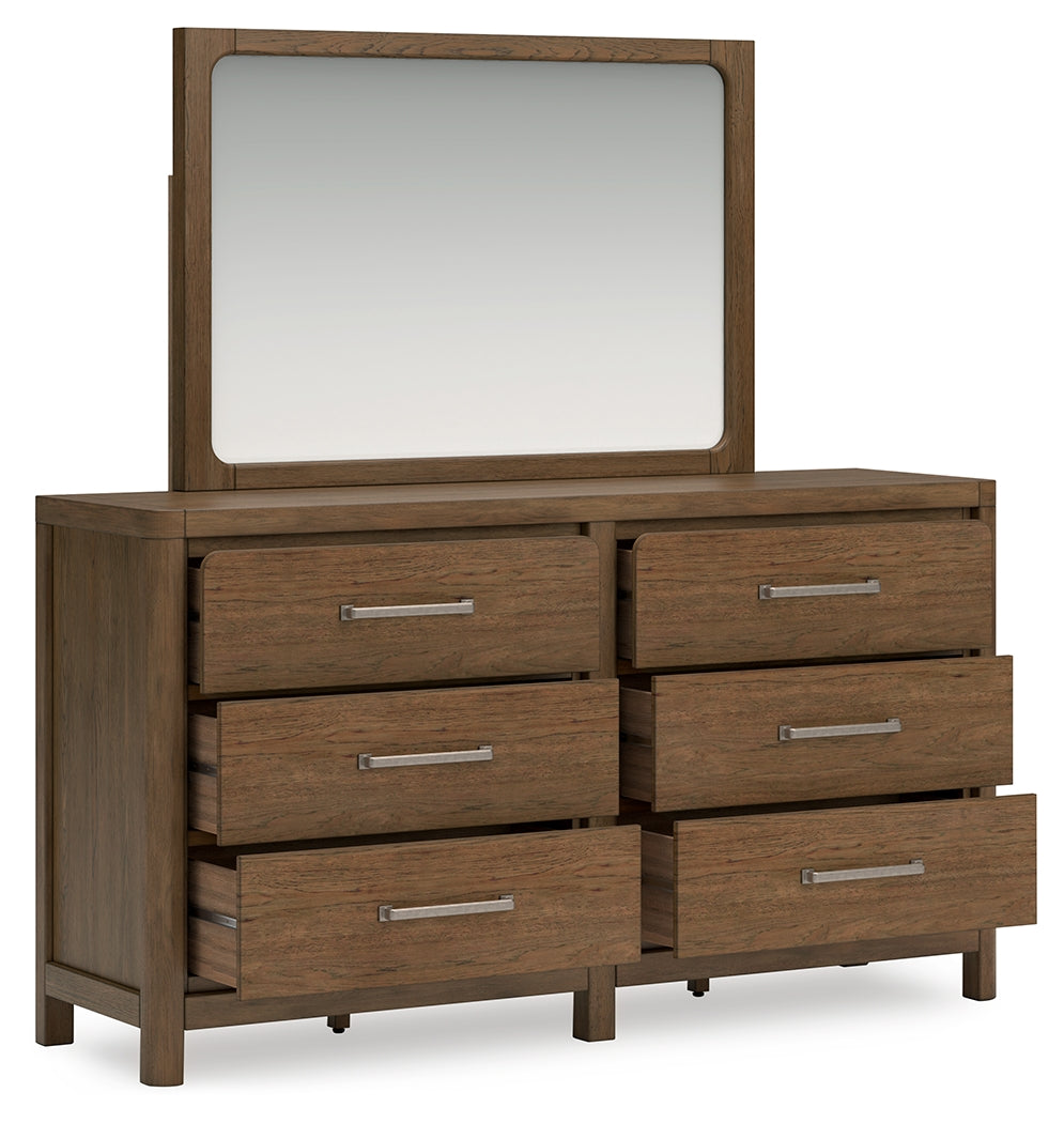 Cabalynn California King Panel Bed with Storage with Mirrored Dresser and 2 Nightstands in Light Brown - PKG015747