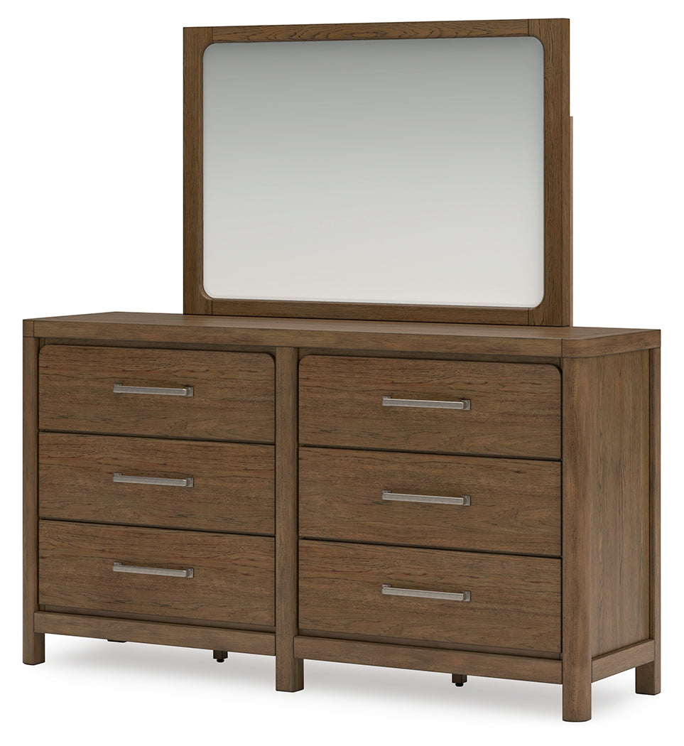 Cabalynn California King Panel Bed with Storage with Mirrored Dresser and 2 Nightstands in Light Brown - PKG015747