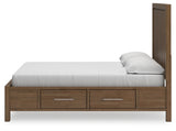 Cabalynn California King Panel Bed with Storage with Mirrored Dresser and Chest in Light Brown - PKG015750