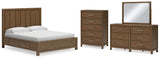 Cabalynn California King Panel Bed with Storage with Mirrored Dresser and Chest in Light Brown - PKG015750