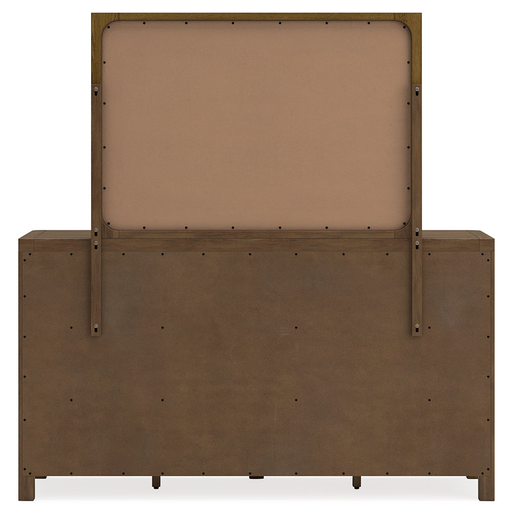 Cabalynn California King Panel Bed with Storage with Mirrored Dresser and Chest in Light Brown - PKG015750