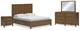 Cabalynn California King Panel Bed with Storage with Mirrored Dresser and Nightstand in Light Brown - PKG015749