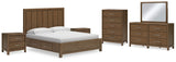 Cabalynn California King Panel Bed with Storage with Mirrored Dresser, Chest and 2 Nightstands in Light Brown - PKG015748