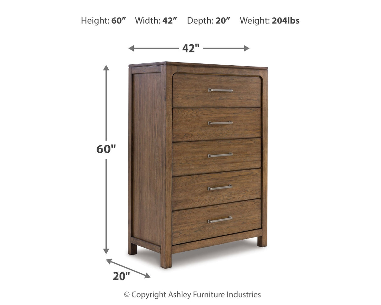 Cabalynn California King Panel Bed with Storage with Mirrored Dresser, Chest and 2 Nightstands in Light Brown - PKG015748