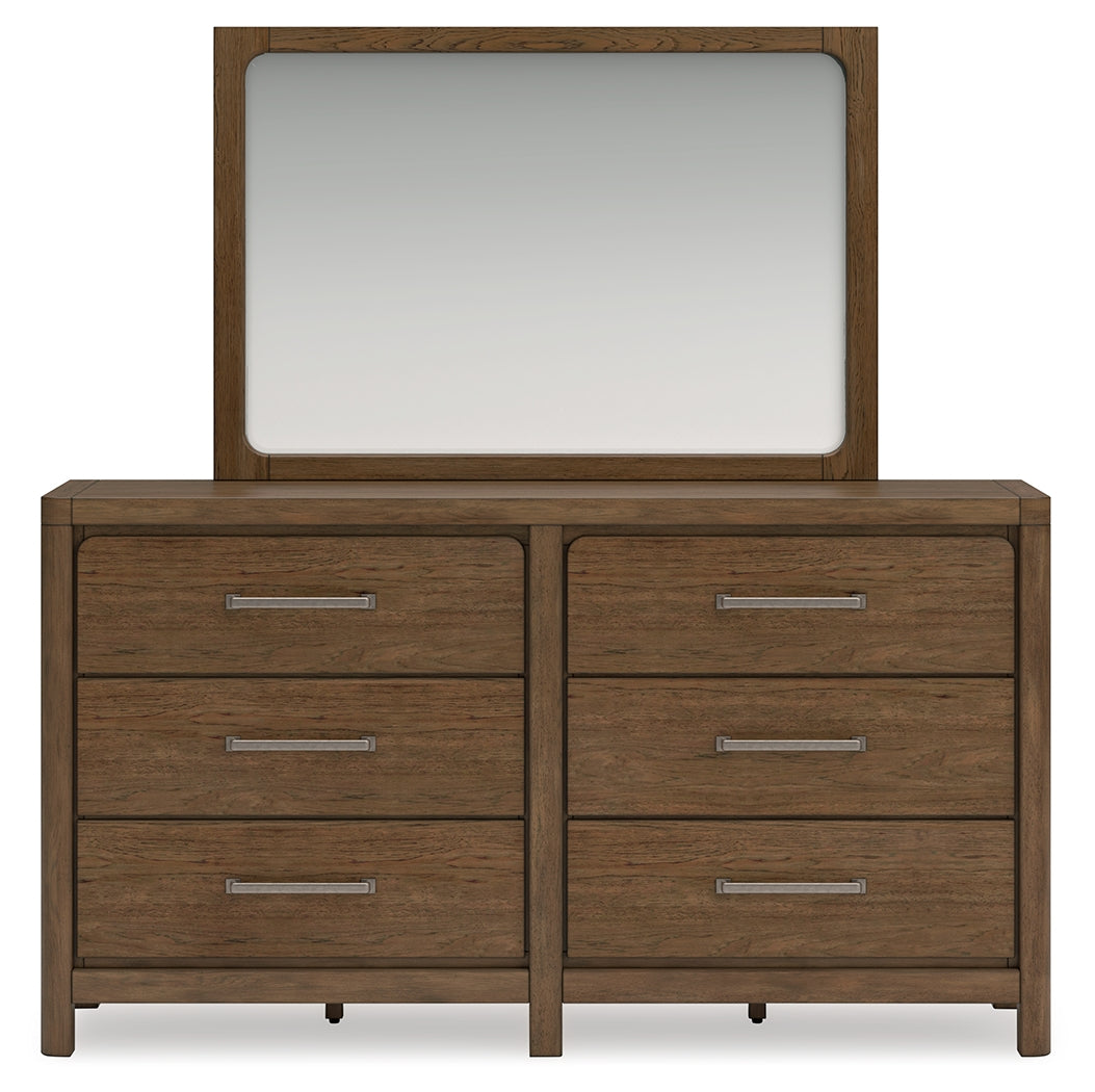 Cabalynn California King Panel Bed with Storage with Mirrored Dresser, Chest and 2 Nightstands in Light Brown - PKG015748