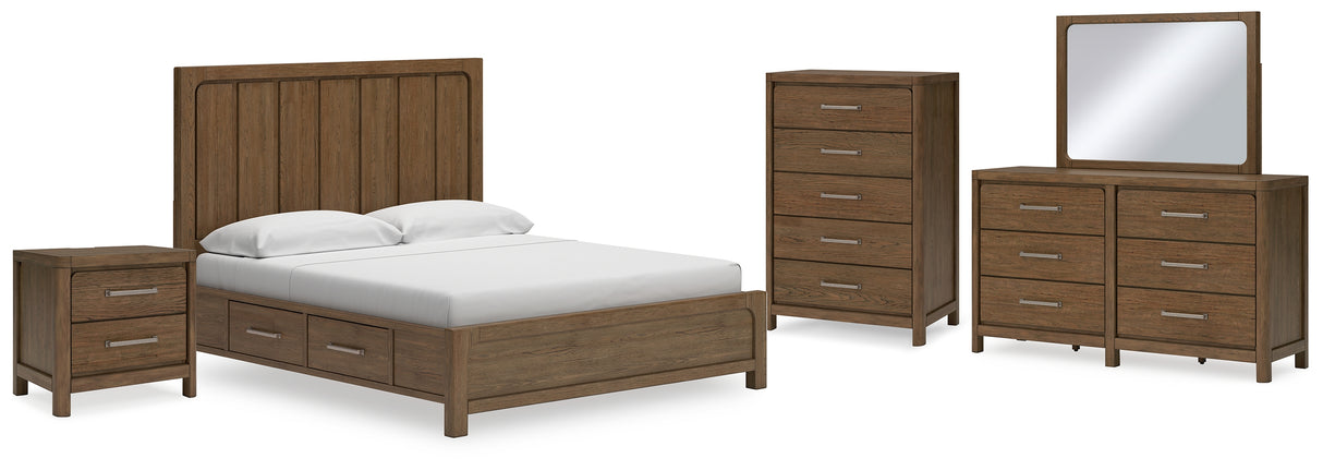 Cabalynn California King Panel Bed with Storage with Mirrored Dresser, Chest and Nightstand in Light Brown - PKG015751