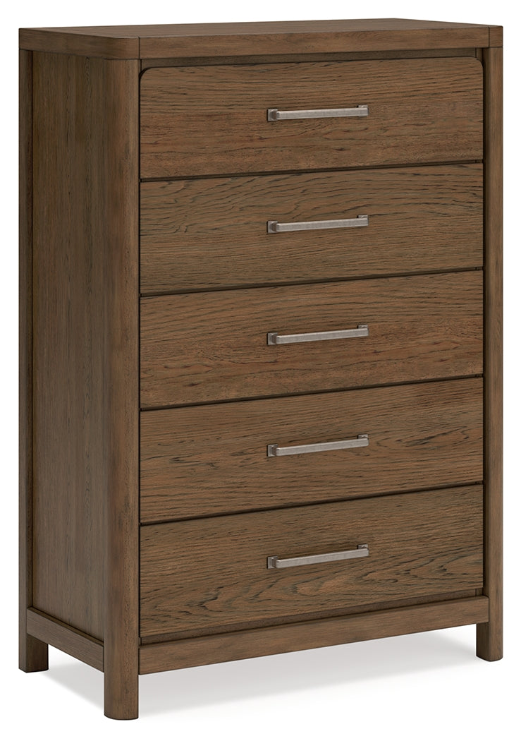 Cabalynn California King Panel Bed with Storage with Mirrored Dresser, Chest and Nightstand in Light Brown - PKG015751