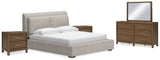 Cabalynn California King Upholstered Bed with Mirrored Dresser and 2 Nightstands in Light Brown - PKG015735