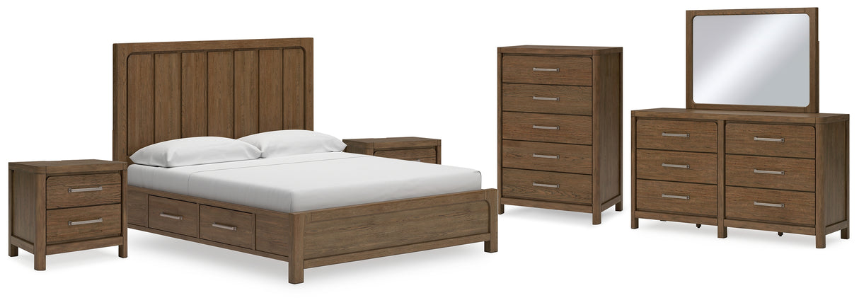 Cabalynn King Panel Bed with Storage with Mirrored Dresser, Chest and 2 Nightstands in Light Brown - PKG015742