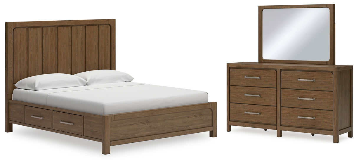 Cabalynn King Panel Bed with Storage with Mirrored Dresser in Light Brown - PKG015740