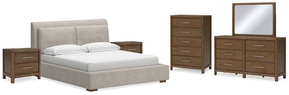 Cabalynn King Upholstered Bed with Mirrored Dresser, Chest and 2 Nightstands in Light Brown - PKG015730