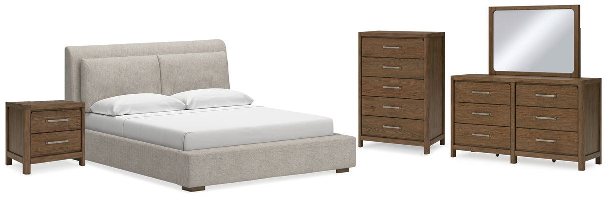 Cabalynn King Upholstered Bed with Mirrored Dresser, Chest and Nightstand in Light Brown - PKG015733