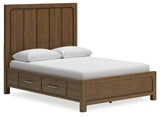 Cabalynn Queen Panel Bed with Storage with Mirrored Dresser and Chest in Light Brown - PKG015726