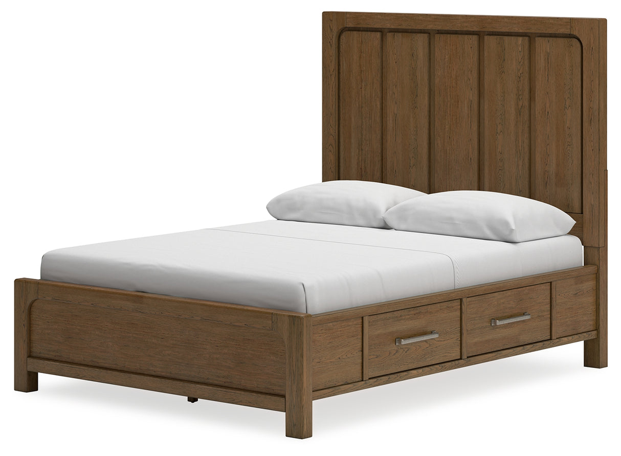 Cabalynn Queen Panel Bed with Storage with Mirrored Dresser and Chest in Light Brown - PKG015726