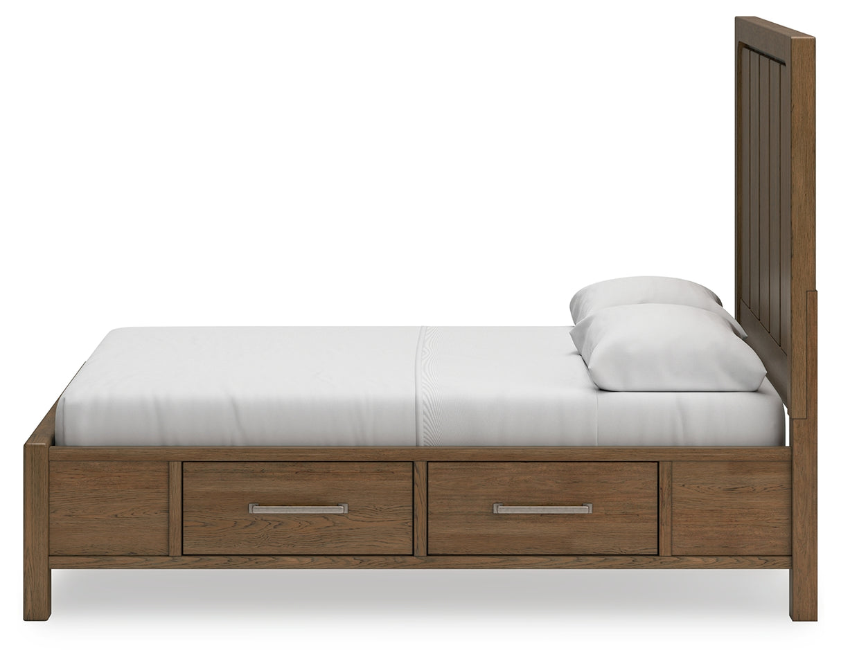 Cabalynn Queen Panel Bed with Storage with Mirrored Dresser and Chest in Light Brown - PKG015726