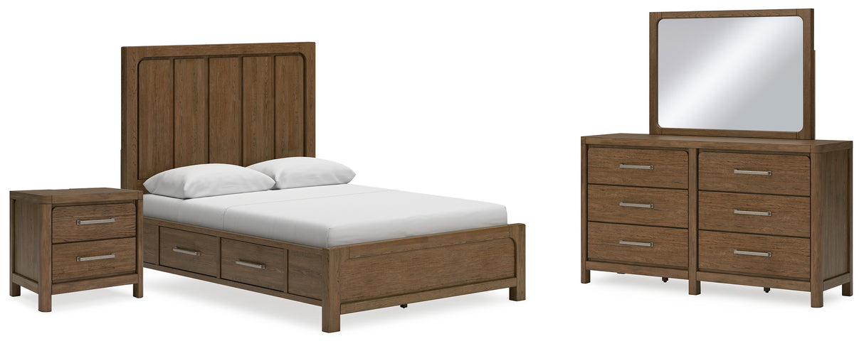 Cabalynn Queen Panel Bed with Storage with Mirrored Dresser and Nightstand in Light Brown - PKG015725